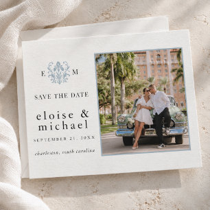 Elegant Dusty Blue Monogram Estate Wedding Photo Save The Date