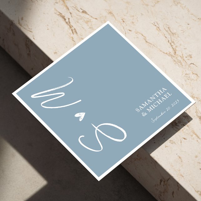 Elegant Dusty Blue Monogram Initials Wedding Napkin (Modern Script Wedding Napkins Elegant Personalized)