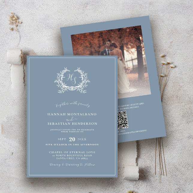 Elegant Dusty Blue Monogram Photo Overlay Wedding Invitation (Creator Uploaded)