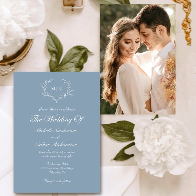  Elegant Dusty Blue Monogram Photo Wedding  Invitation (Creator Uploaded)