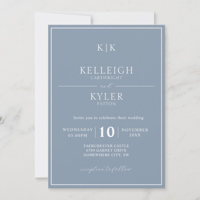 Elegant Dusty Blue Monogram Photo Wedding Invitation (Front)
