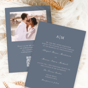 Elegant Dusty Blue Monogram QR Rsvp Photo Wedding Invitation
