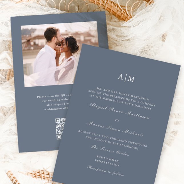 Elegant Dusty Blue Monogram QR Rsvp Photo Wedding Invitation (Creator Uploaded)