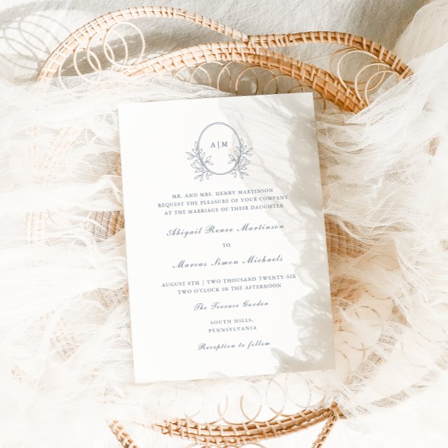 Elegant Dusty Blue Monogram QR Rsvp Photo Wedding Invitation (Creator Uploaded)