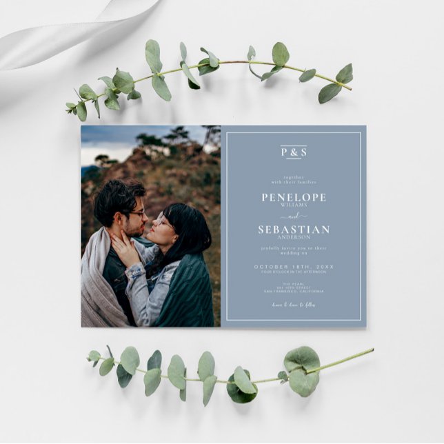 Elegant Dusty Blue Monogram Simple Photo Wedding Invitation (Creator Uploaded)