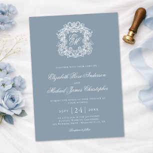 Elegant Dusty Blue Monogram Wedding Crest Invitation