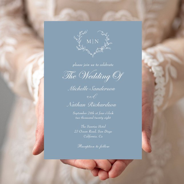  Elegant Dusty Blue Monogram Wedding  Invitation (Creator Uploaded)