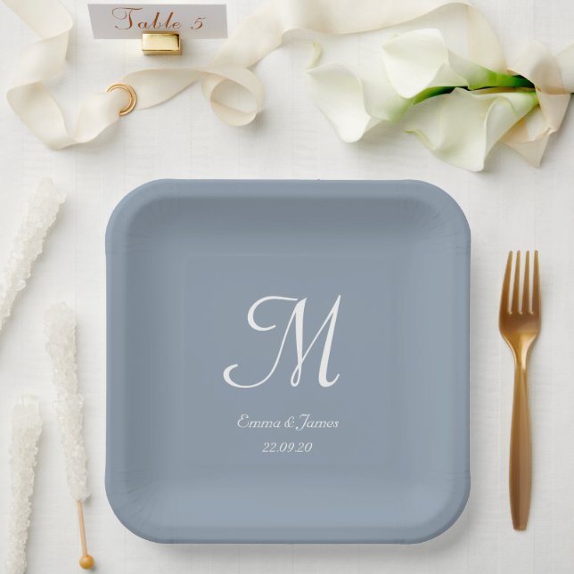 Elegant Dusty Blue Monogram Wedding Party Cocktail Paper Plate (Wedding)