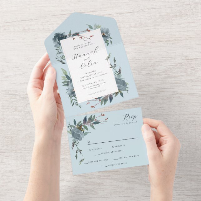 Elegant Dusty Blue Navy Botanical Garden All In One Invitation (Tearaway)