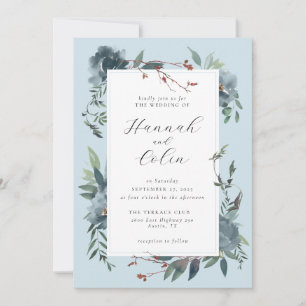 Elegant Dusty Blue Navy Botanical Garden Invitation