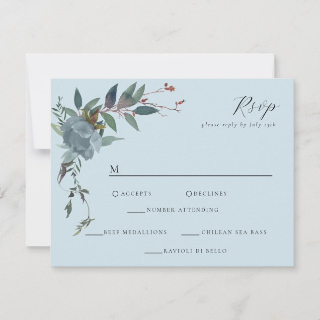 Elegant Dusty Blue Navy Botanical Garden RSVP Card (Front)