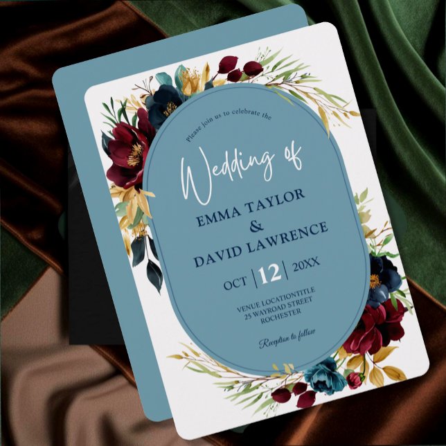 Elegant dusty blue navy burgundy floral wedding invitation (Creator Uploaded)