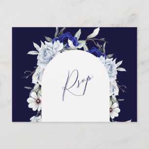 Elegant Dusty Blue Navy Floral Arch Wedding RSVP Postcard