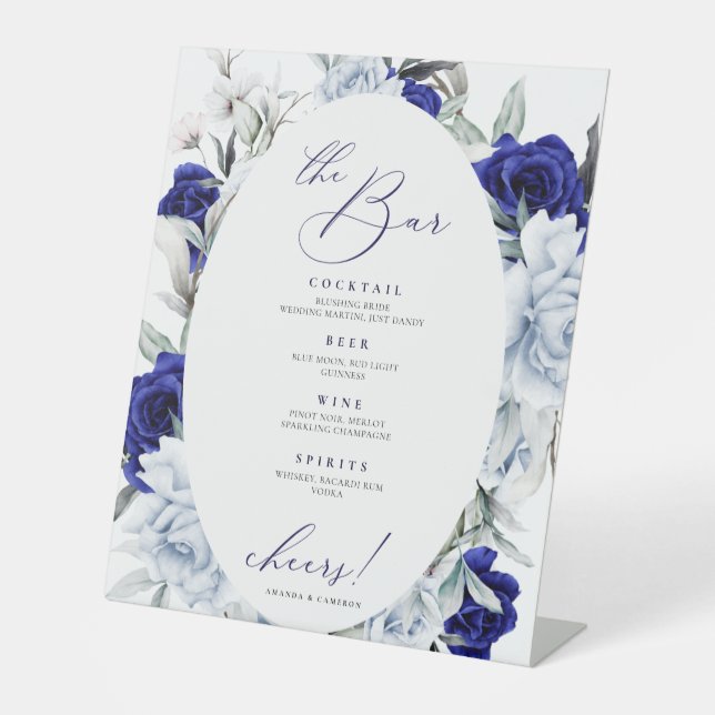 Elegant Dusty Blue Navy Floral The Bar Wedding Pedestal Sign (Front)