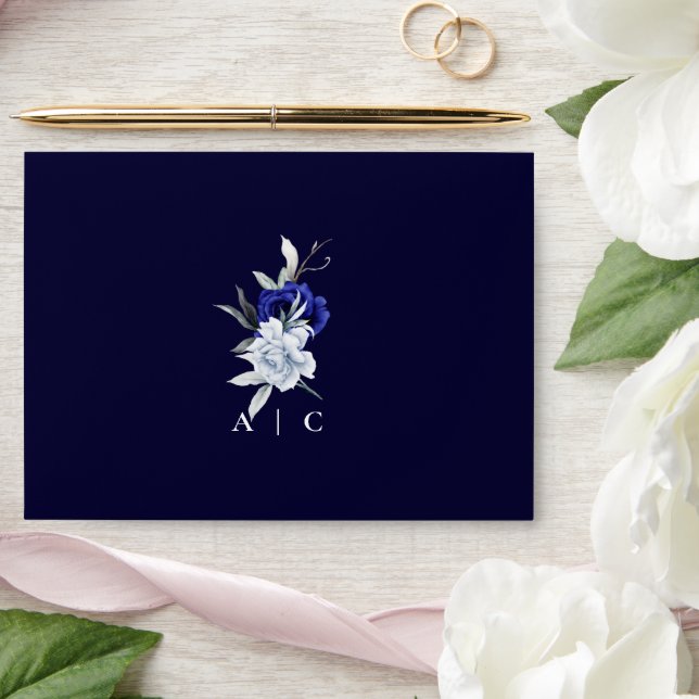 Elegant Dusty Blue Navy Floral Wedding Envelope (Wedding)
