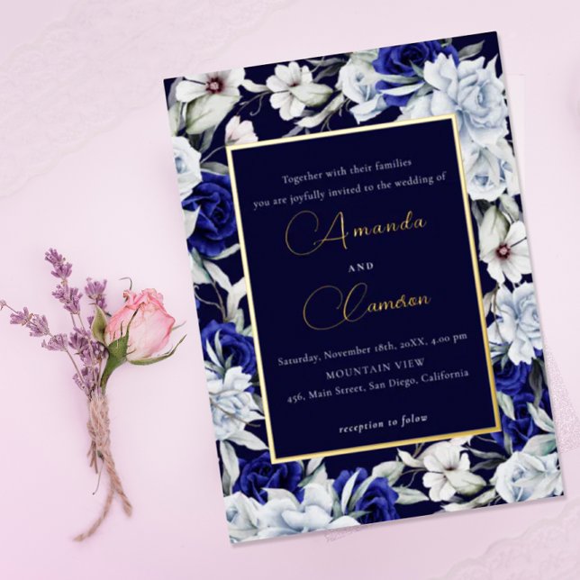 Elegant Dusty Blue Navy Floral Wedding Gold  (Creator Uploaded)