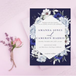 Elegant Dusty Blue Navy Floral Wedding Invitation
