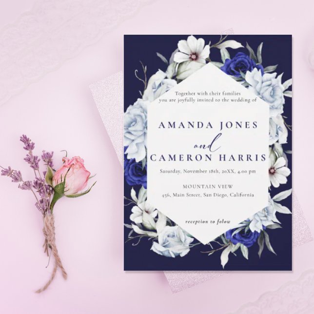 Elegant Dusty Blue Navy Floral Wedding Invitation (Creator Uploaded)