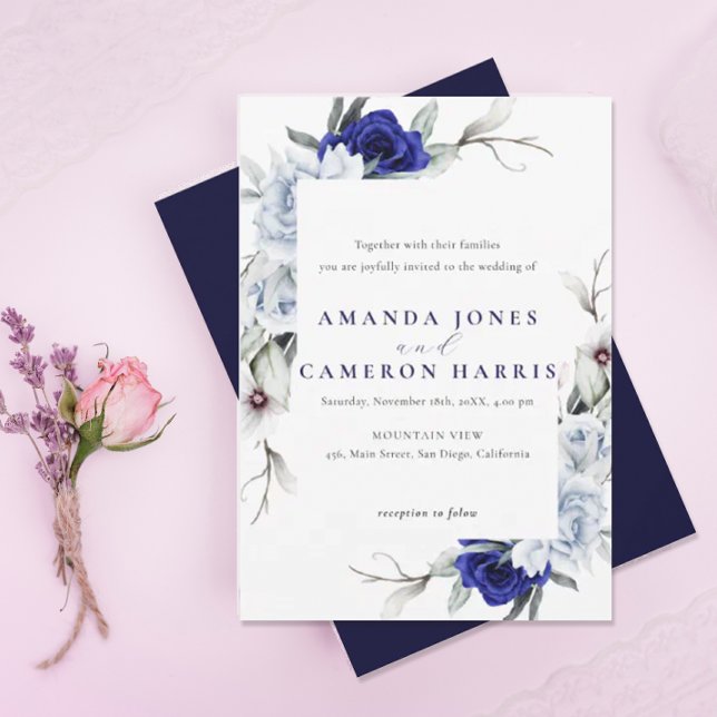 Elegant Dusty Blue Navy Floral Wedding Invitation (Creator Uploaded)