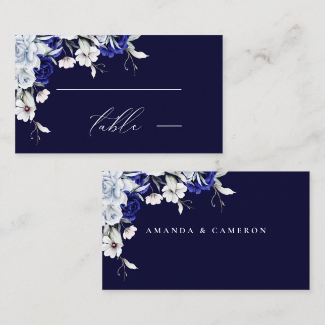 Elegant Dusty Blue Navy Floral Wedding Place Card (Front/Back)