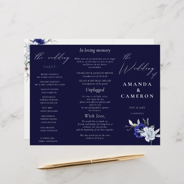 Elegant Dusty Blue Navy Floral  Wedding Program (Front/Back In Situ)