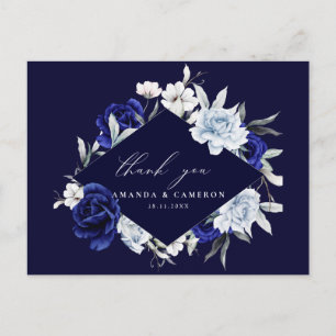 Elegant Dusty Blue Navy Floral Wedding Thank You Postcard