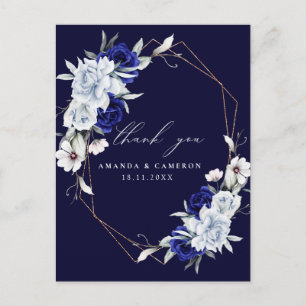 Elegant Dusty Blue Navy Floral Wedding Thank You Postcard