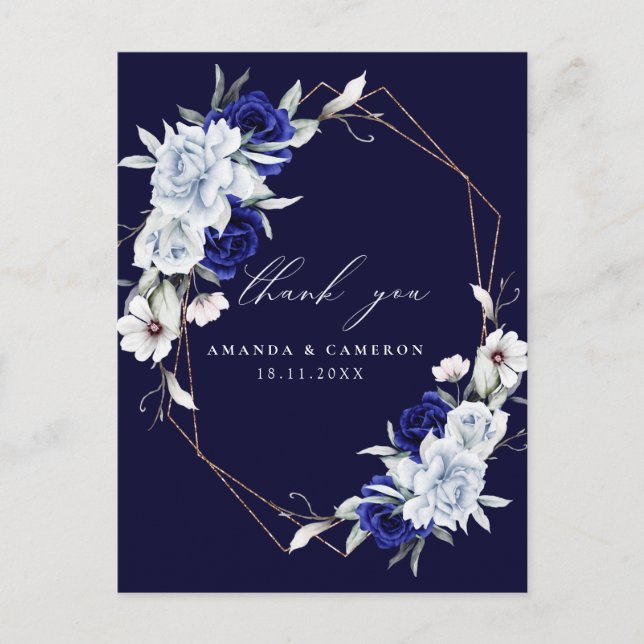Elegant Dusty Blue Navy Floral Wedding Thank You Postcard (Front)