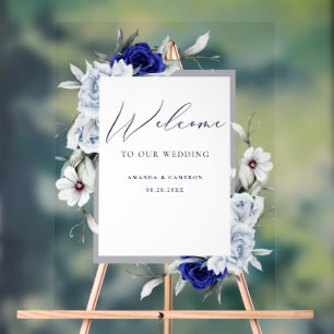 Elegant Dusty Blue Navy Floral Wedding Welcome  Acrylic Sign