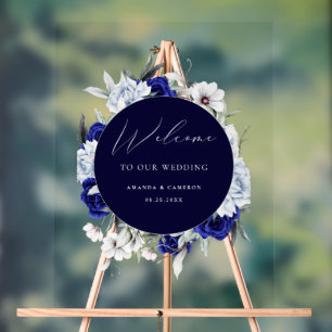 Elegant Dusty Blue Navy Floral Wedding Welcome Acrylic Sign
