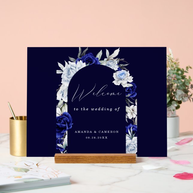 Elegant Dusty Blue Navy Floral Wedding Welcome  Acrylic Sign (Wedding)