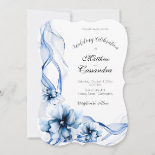 Elegant Dusty Blue Navy Flowers Wedding Invitation