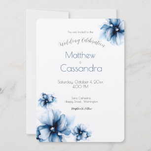 Elegant Dusty Blue Navy Flowers Wedding Invitation