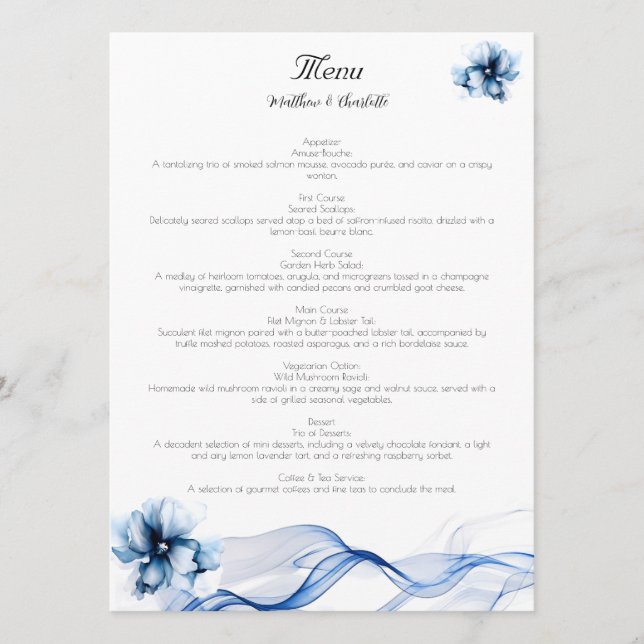 Elegant Dusty Blue Navy  Flowers Wedding  Menu (Front)