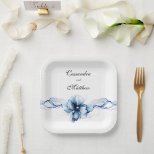 Elegant Dusty Blue Navy Flowers Wedding Paper Plate