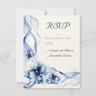 Elegant Dusty Blue Navy Flowers Wedding RSVP Card