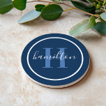 Elegant Dusty Blue Navy Round Monogram Coaster<br><div class="desc">An elegant sandstone coaster featuring a dusty blue serif initial and custom family name in script, framed by a white circle on a rich navy blue background. The soft blue typography against the deep navy creates a sophisticated, nautical-inspired contrast. A refined personalized gift for groomsmen, housewarmings, or coastal decor lovers....</div>