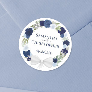 Elegant Dusty Blue & Navy Wreath of Roses Wedding Classic Round Sticker
