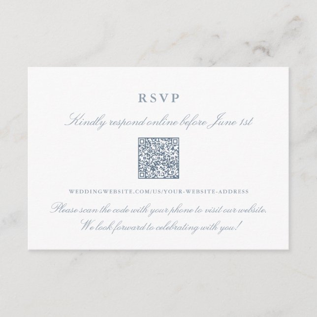Elegant Dusty Blue Online RSVP QR Code Enclosure Card (Front)