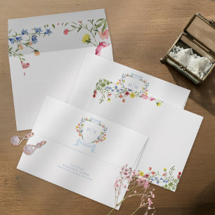 Elegant Dusty Blue Pastel Wildflower Crest Wedding Envelope