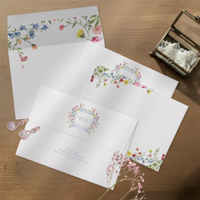 Elegant Dusty Blue Pastel Wildflower Crest Wedding Envelope (Creator Uploaded)