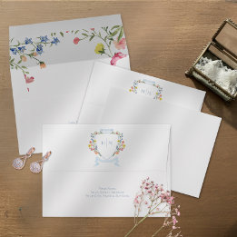 Elegant Dusty Blue Pastel Wildflower Crest Wedding Envelope