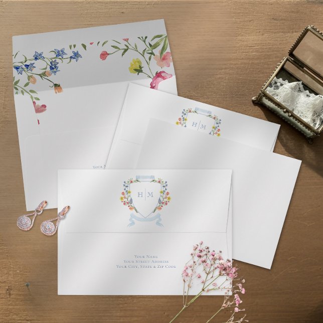 Elegant Dusty Blue Pastel Wildflower Crest Wedding Envelope (Creator Uploaded)