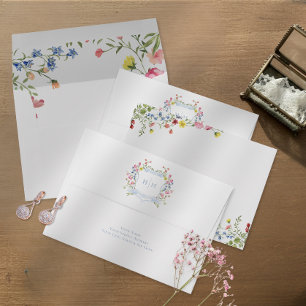 Elegant Dusty Blue Pastel Wildflower Crest Wedding Envelope