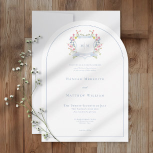 Elegant Dusty Blue Pastel Wildflower Crest Wedding Invitation