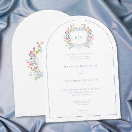 Elegant Dusty Blue Pastel Wildflower Crest Wedding Invitation