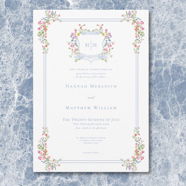 Elegant Dusty Blue Pastel Wildflower Crest Wedding Invitation (Elegant Dusty Blue Pastel Wildflower Crest Wedding Invitation)