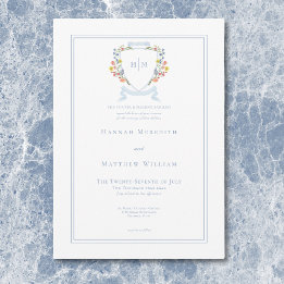 Elegant Dusty Blue Pastel Wildflower Crest Wedding Invitation
