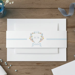 Elegant Dusty Blue Pastel Wildflower Crest Wedding Invitation Belly Band