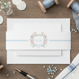 Elegant Dusty Blue Pastel Wildflower Crest Wedding Invitation Belly Band
